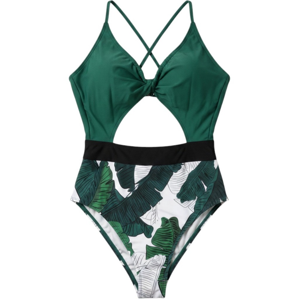 Cupshe Womens Tropical Palm Leaf Cutout Monokini Swimsuit Green White Large NWT